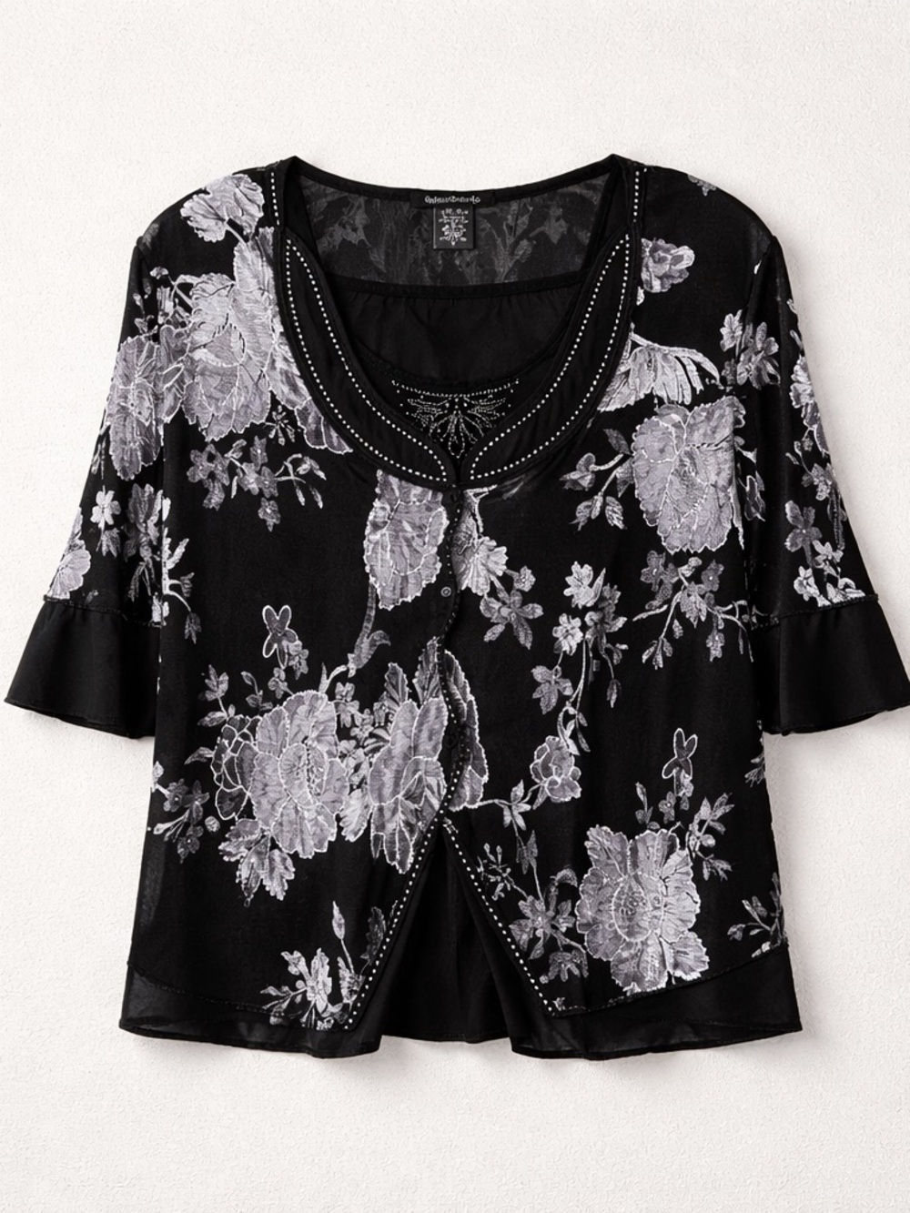Alfred Dunner Black and Silver Floral Layered Scoop-Neck Top